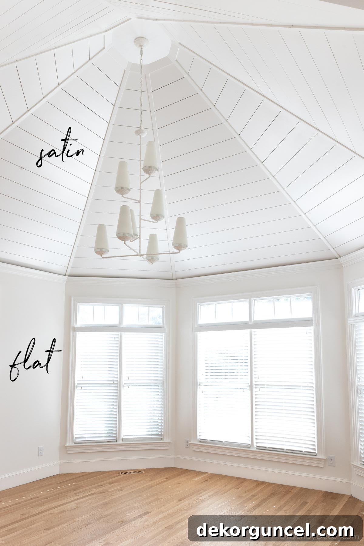 Satin finish shiplap ceiling and flat finish walls