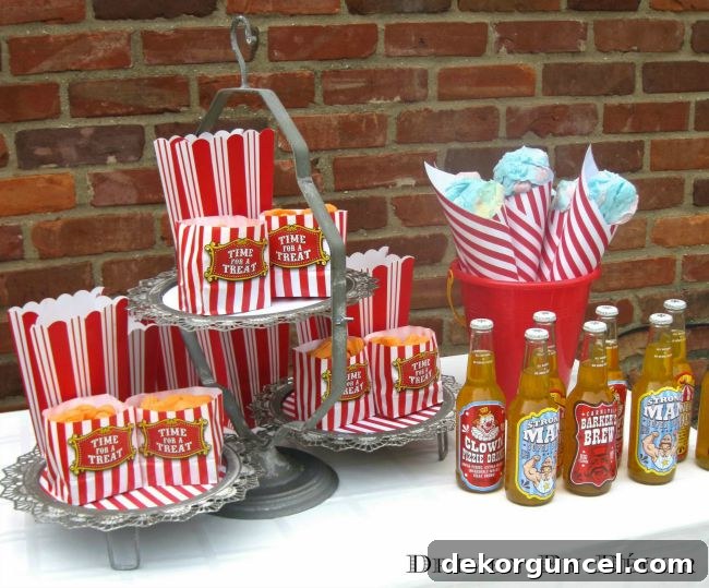 Treat table with candy peanuts and cotton candy at carnival birthday party