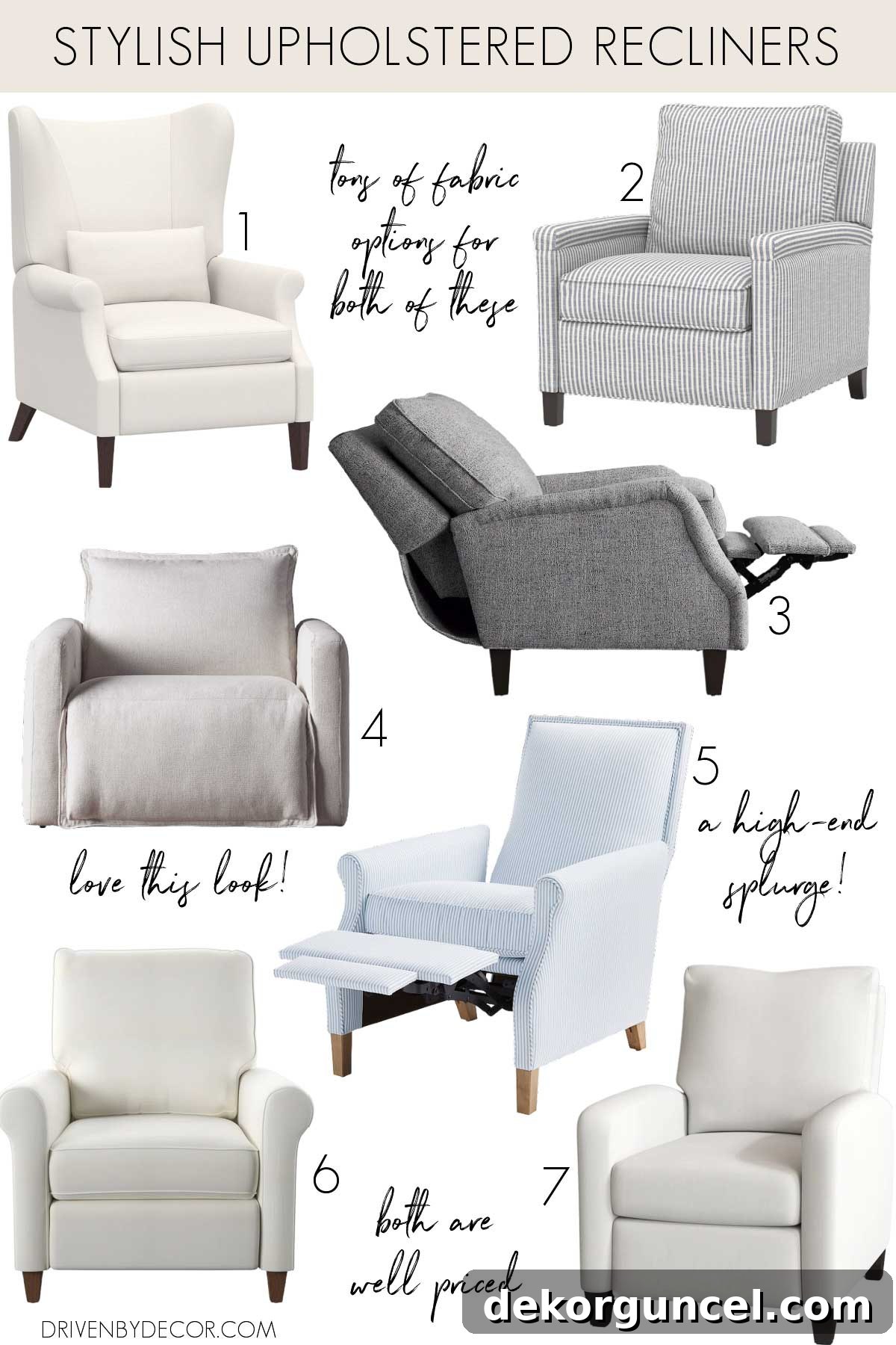 Collage of various stylish upholstered recliners in different designs and fabrics