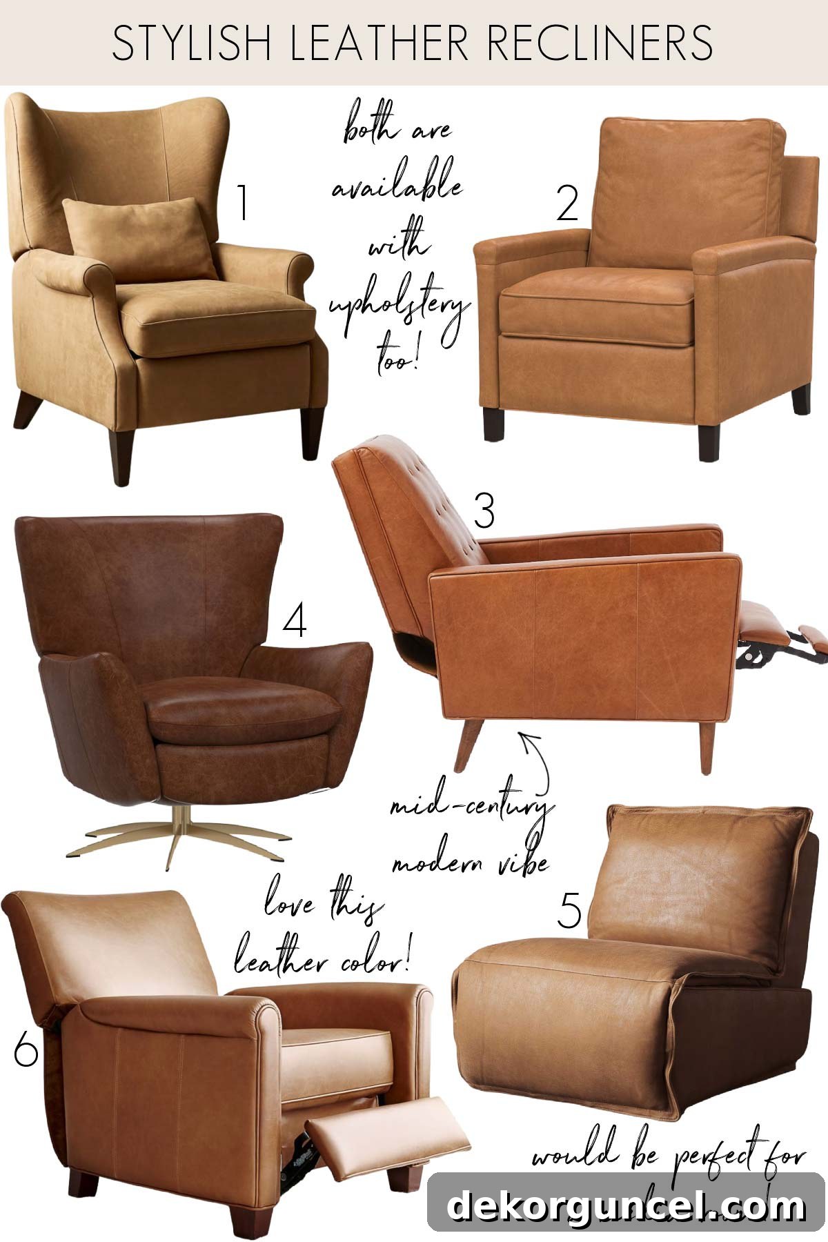 Collage of luxurious and modern leather recliners in various styles