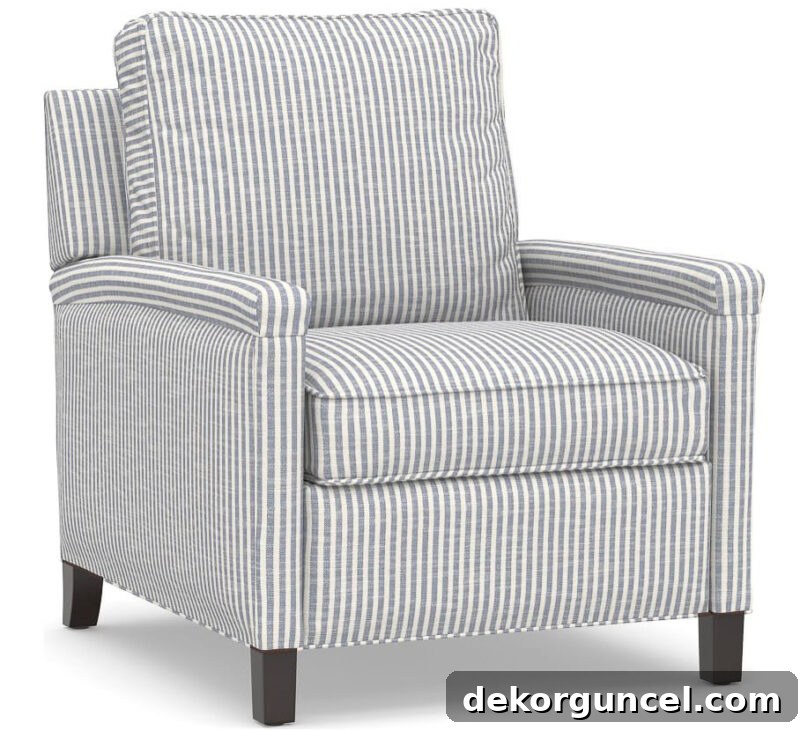 Upholstered recliner with striped fabric, lauded as the best stylish recliner for its design and customization