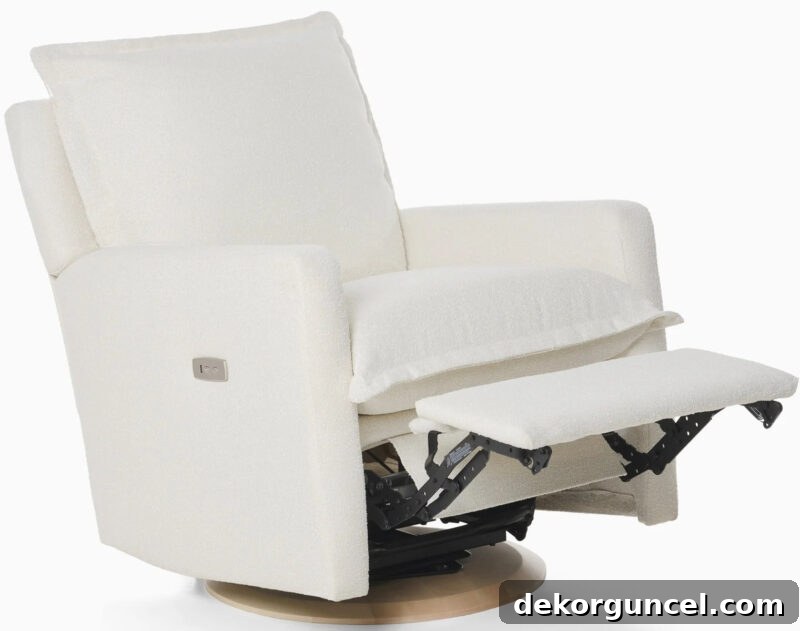 A stylish swivel glider recliner for nursery or living room, featuring a customizable wooden base