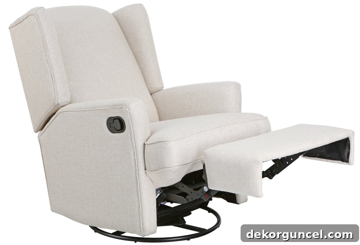Budget-friendly upholstered wingback swivel glider recliner in a neutral color