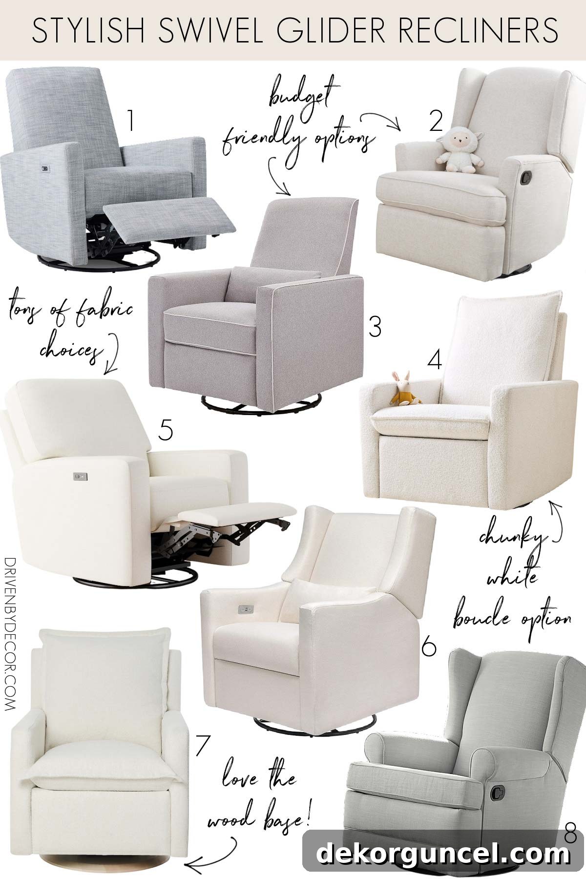 Collection of various stylish swivel glider recliners suitable for nurseries and other rooms
