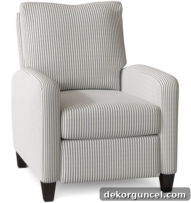 Striped recliner with simple square arm design, recognized as the best budget-friendly stylish recliner