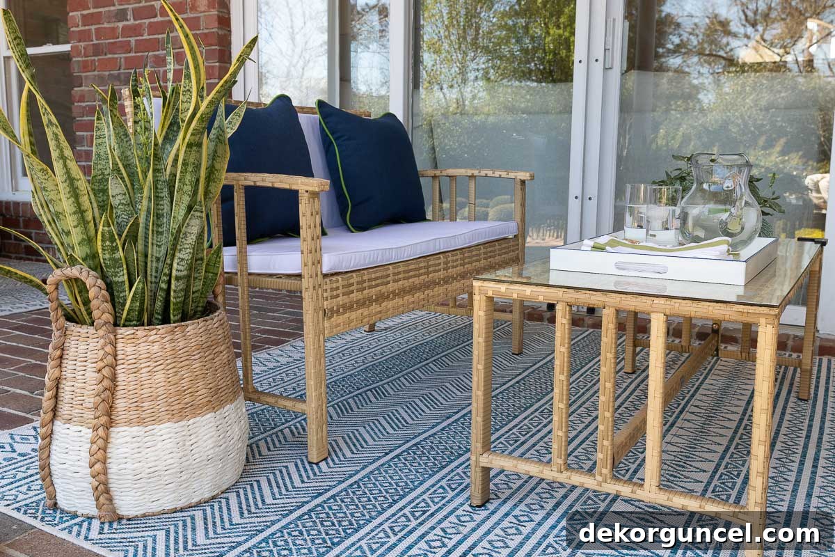 7 Frugal Back Porch Design Secrets 12 Woven outdoor loveseat and coffee table creating a cozy and inviting seating area on a back porch