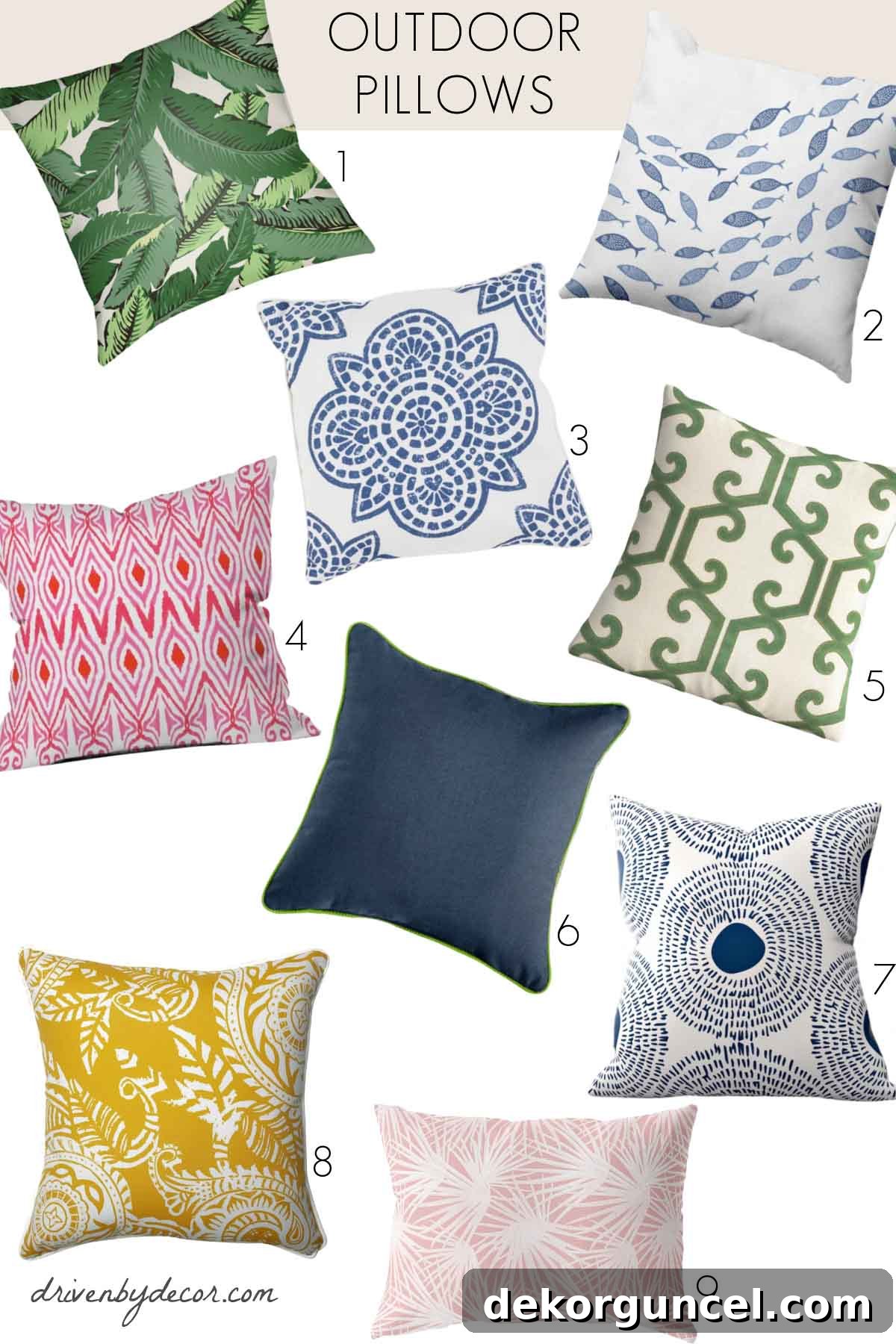 7 Frugal Back Porch Design Secrets 14 Nine diverse outdoor pillows in various colors and patterns to refresh any patio or porch