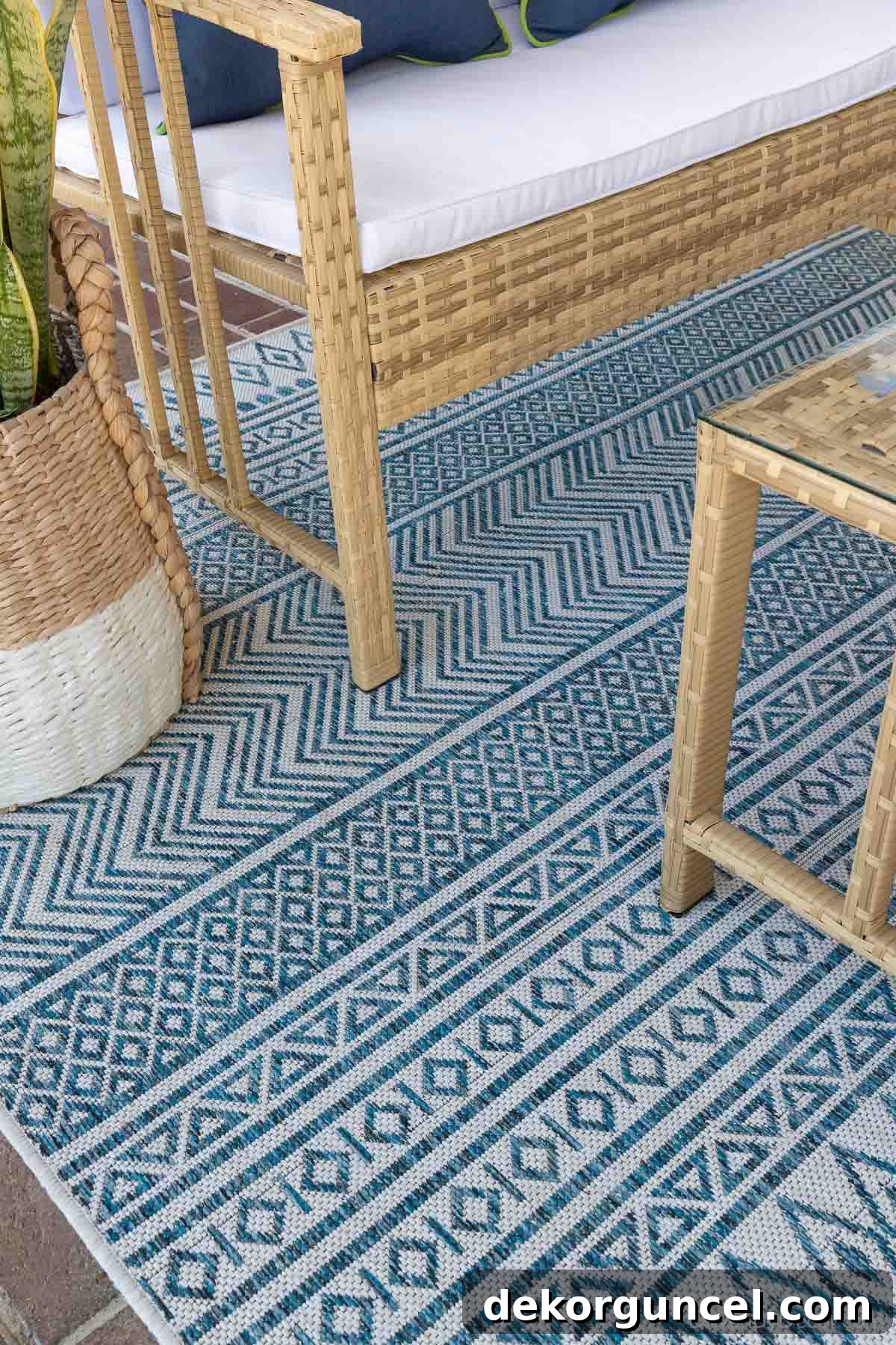 7 Frugal Back Porch Design Secrets 8 Blue and white patterned outdoor rug on a back porch, adding style and definition