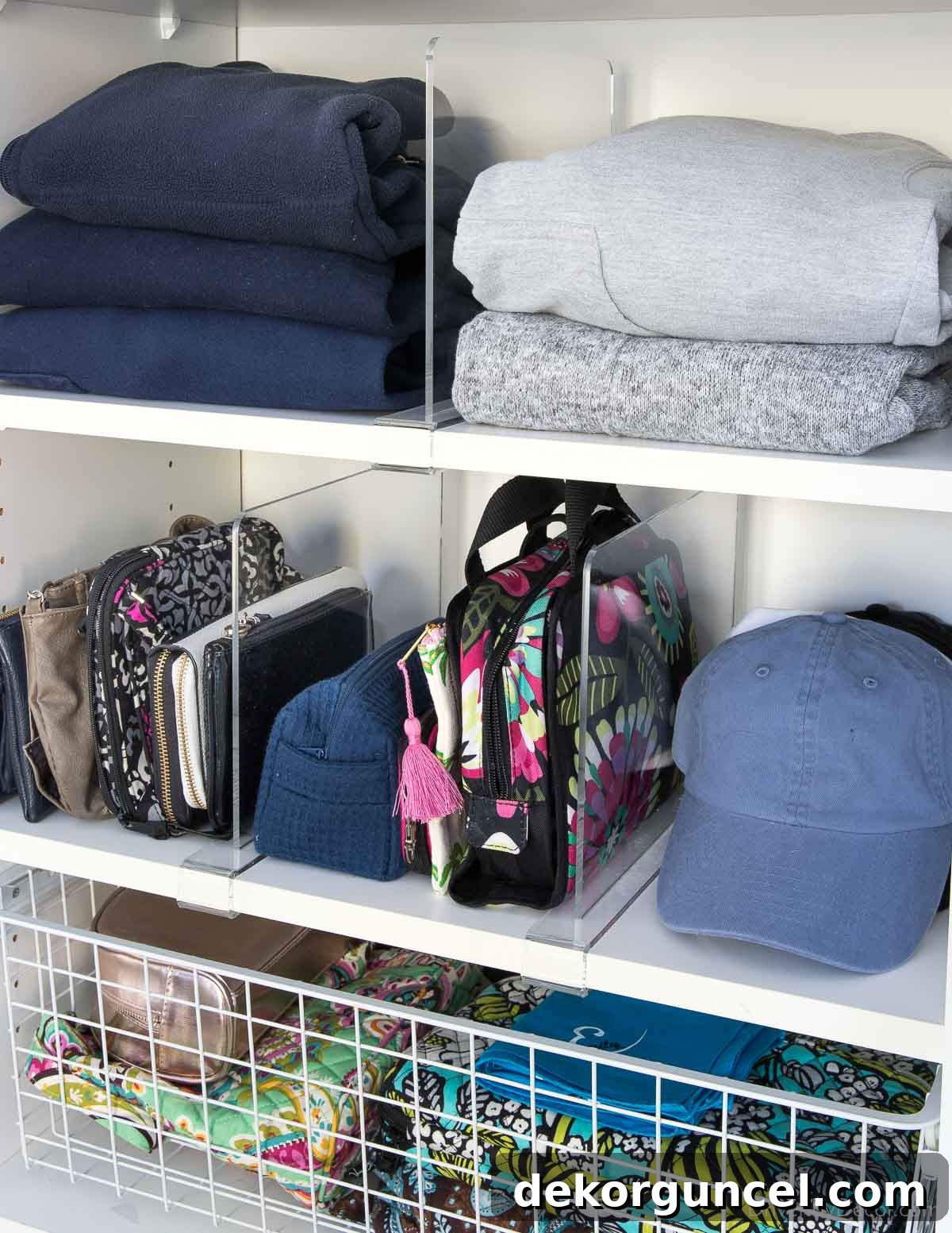 Acrylic shelf dividers neatly sliding onto closet shelves, creating organized compartments for clothing