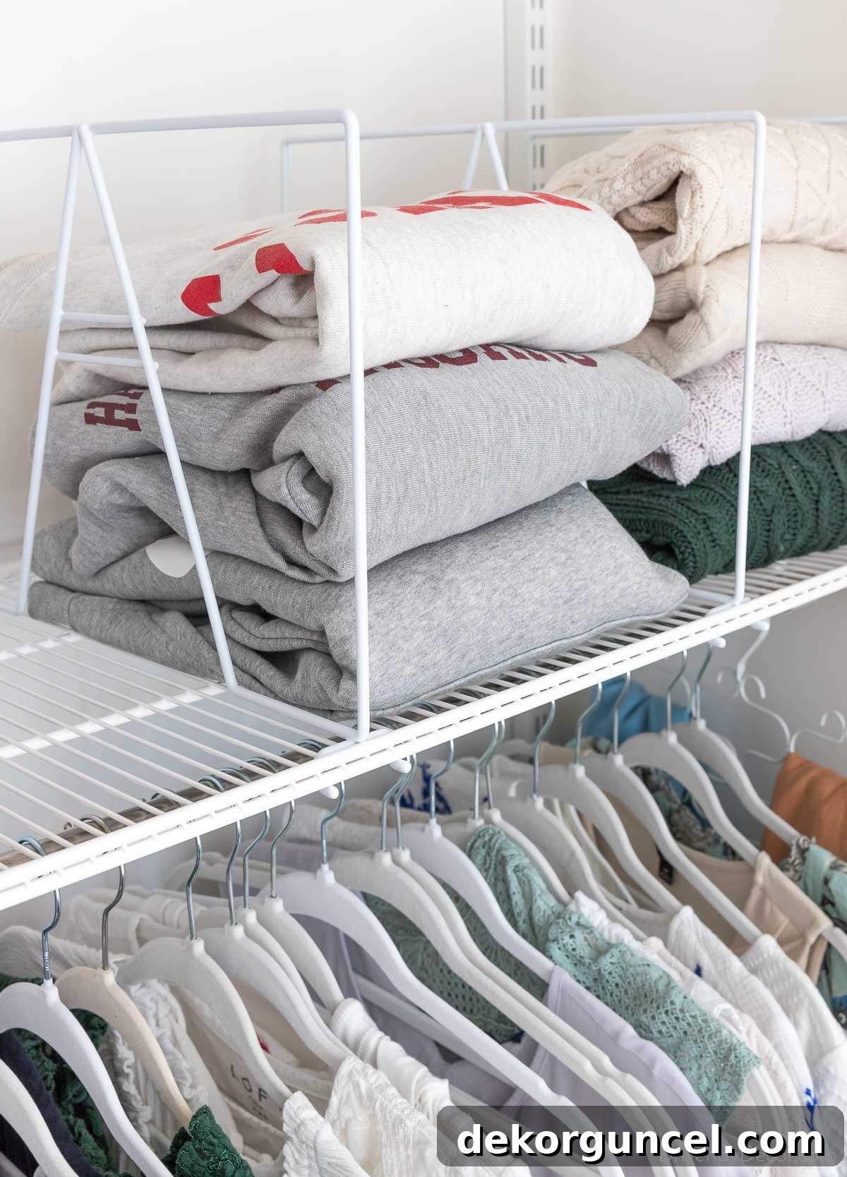 Wire shelf dividers for effective closet organization, maintaining neat stacks on wire shelving systems