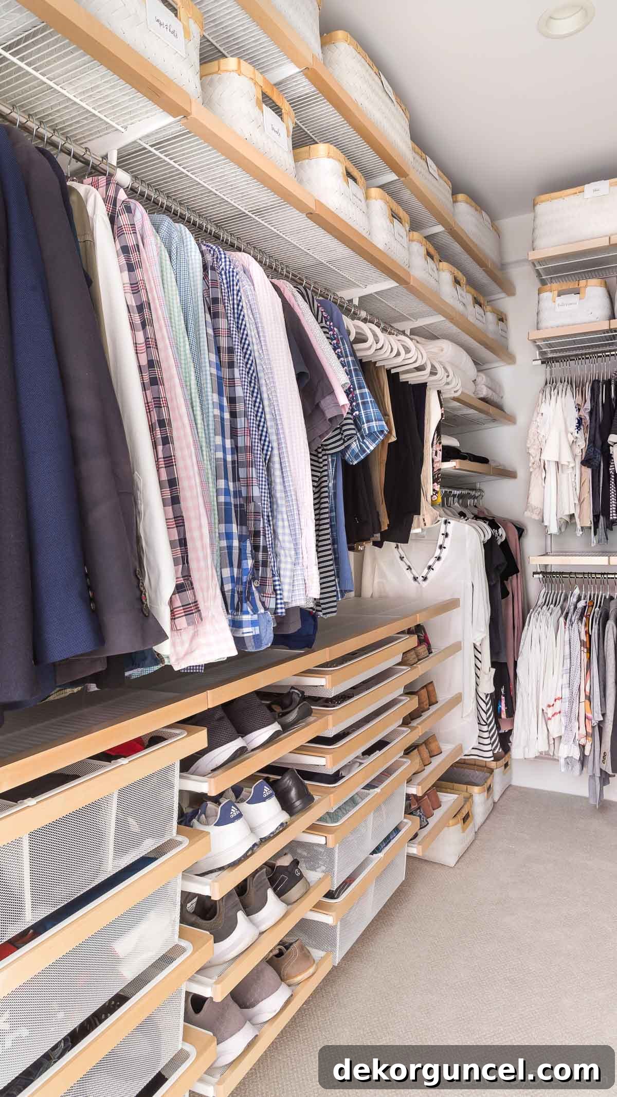 Elfa closet system providing versatile storage in a walk-in closet for ultimate organization