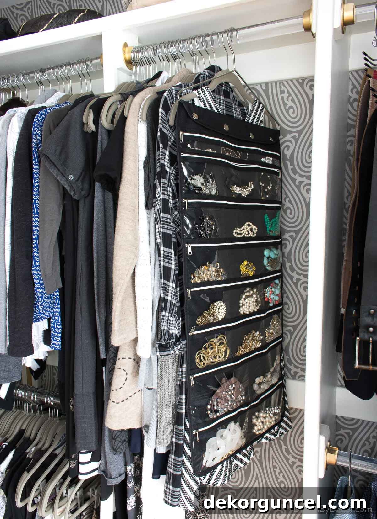 Jewelry organizer for hanging in closet, featuring clear pockets for visible and protected storage