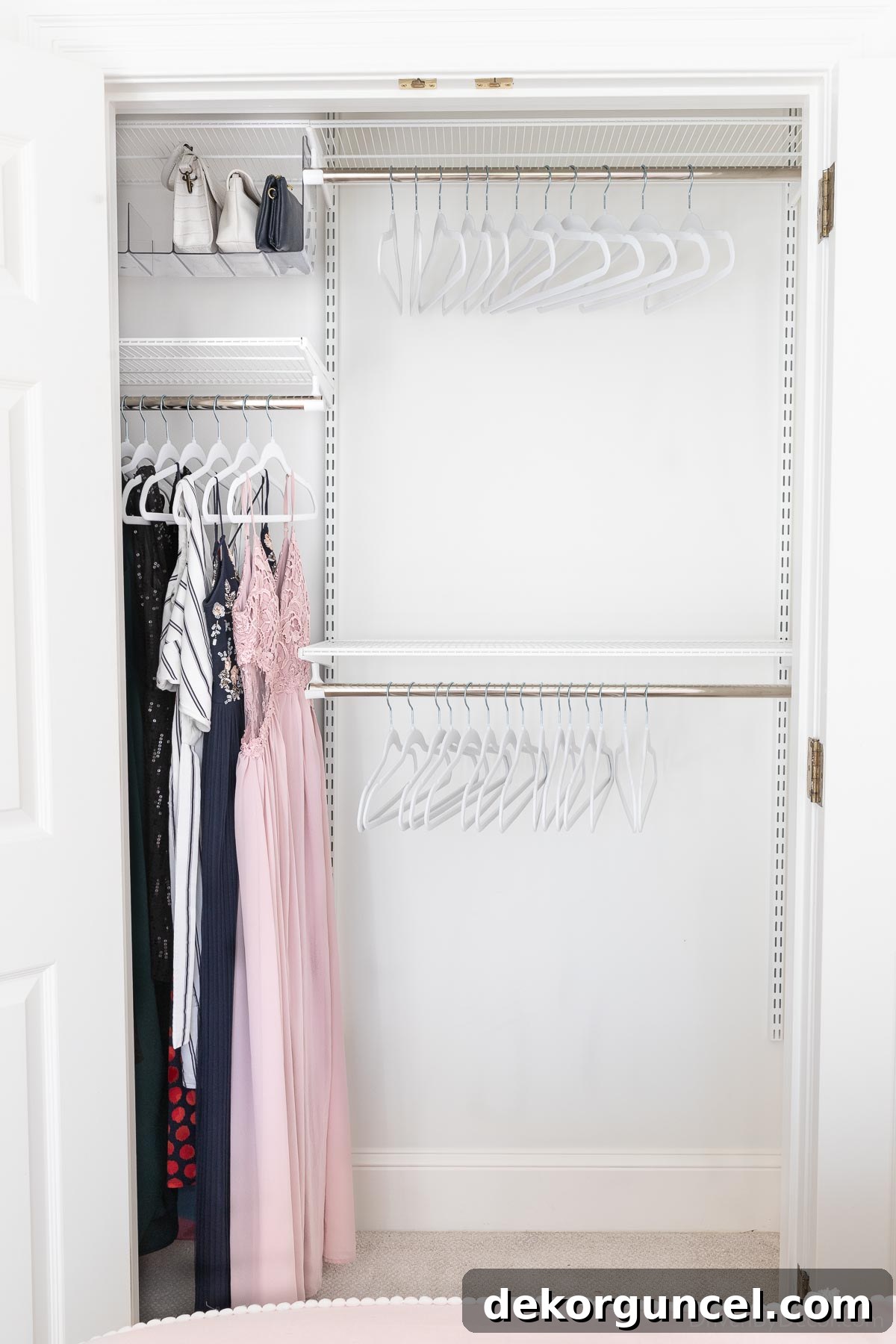 Small closet after Elfa system installation, showcasing efficient organization and increased storage