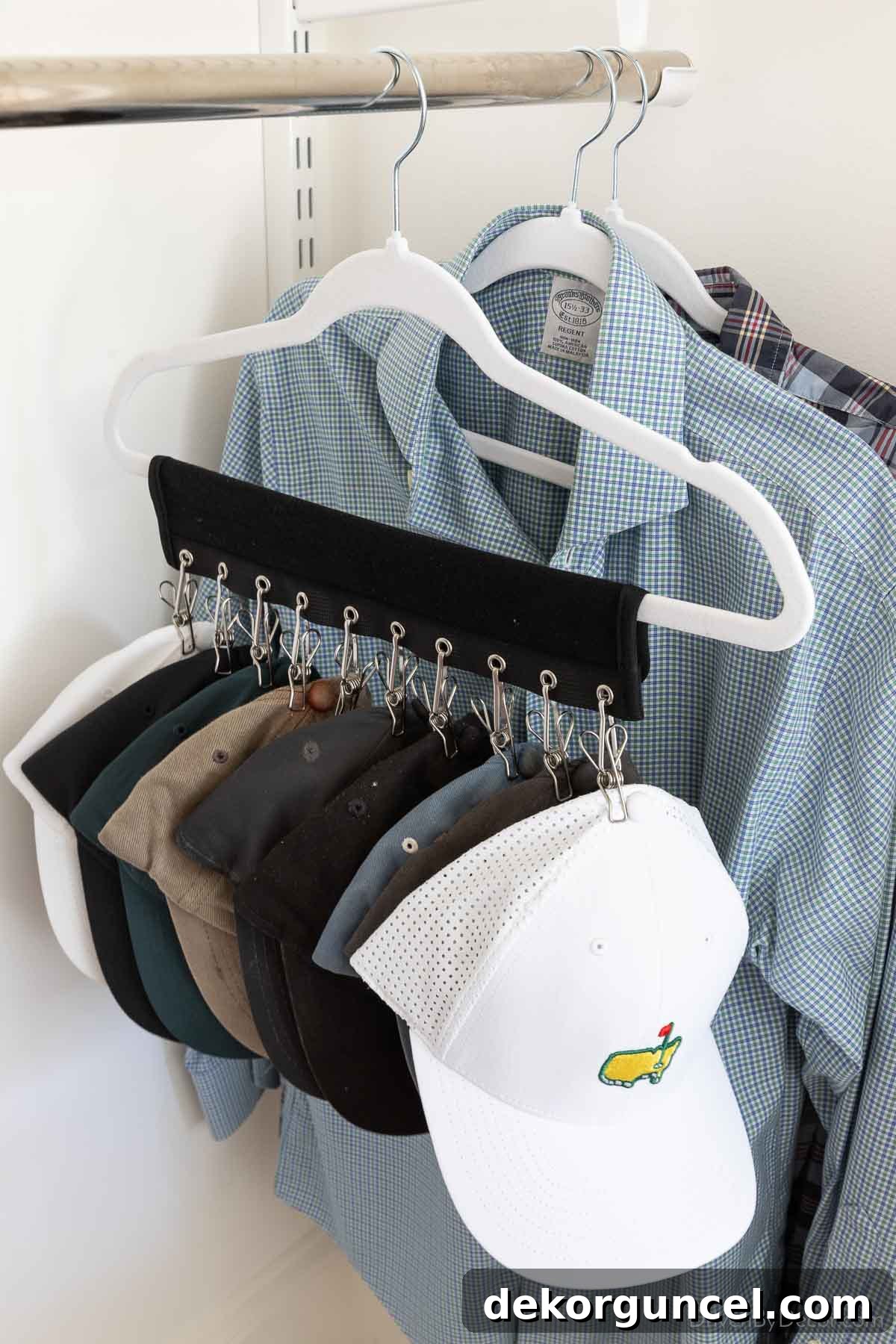 Simple closet organization idea showcasing ten baseball caps neatly displayed on an organizer