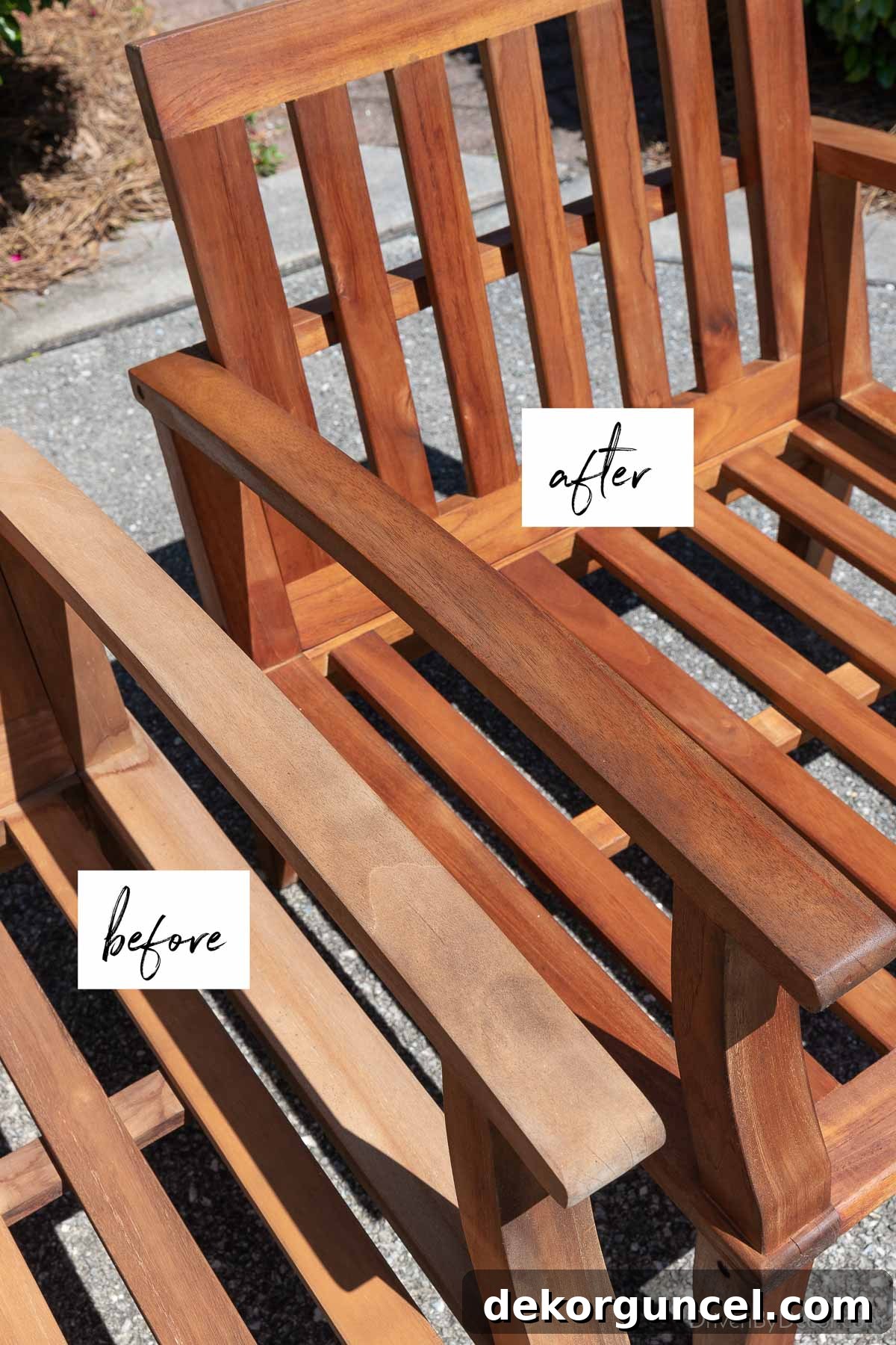 Banish Pollen: Essential Tools for a Spotless Porch & Outdoor Furniture 11 One teak chair before being conditioned and other after conditioning, highlighting the dramatic color restoration