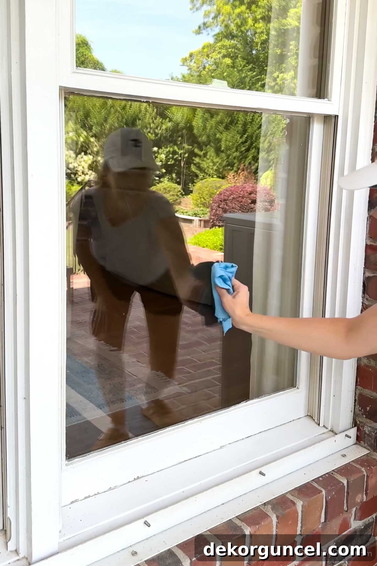 Banish Pollen: Essential Tools for a Spotless Porch & Outdoor Furniture 13 Drying washed windows with streak-free polishing cloth for a flawless finish