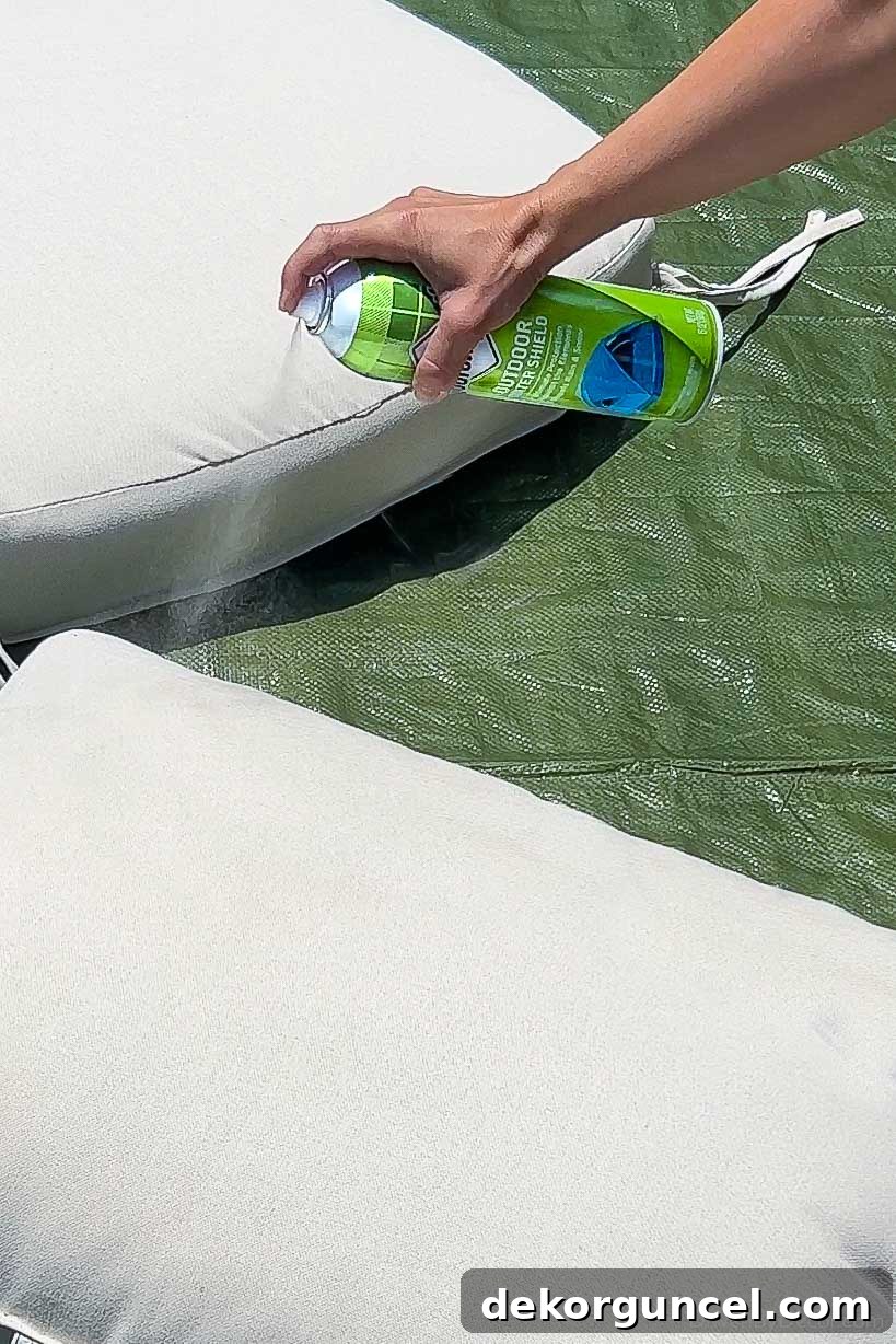 Banish Pollen: Essential Tools for a Spotless Porch & Outdoor Furniture 8 Protecting outdoor cushions by spraying with water and stain repellent for long-lasting cleanliness