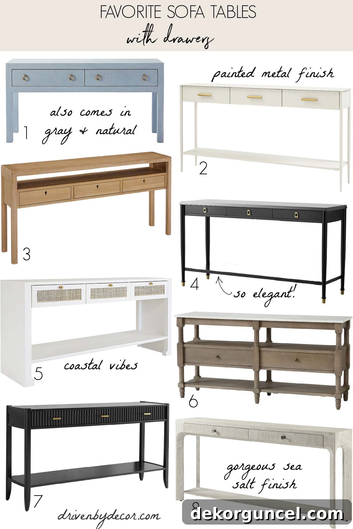 8 sofa tables with drawers