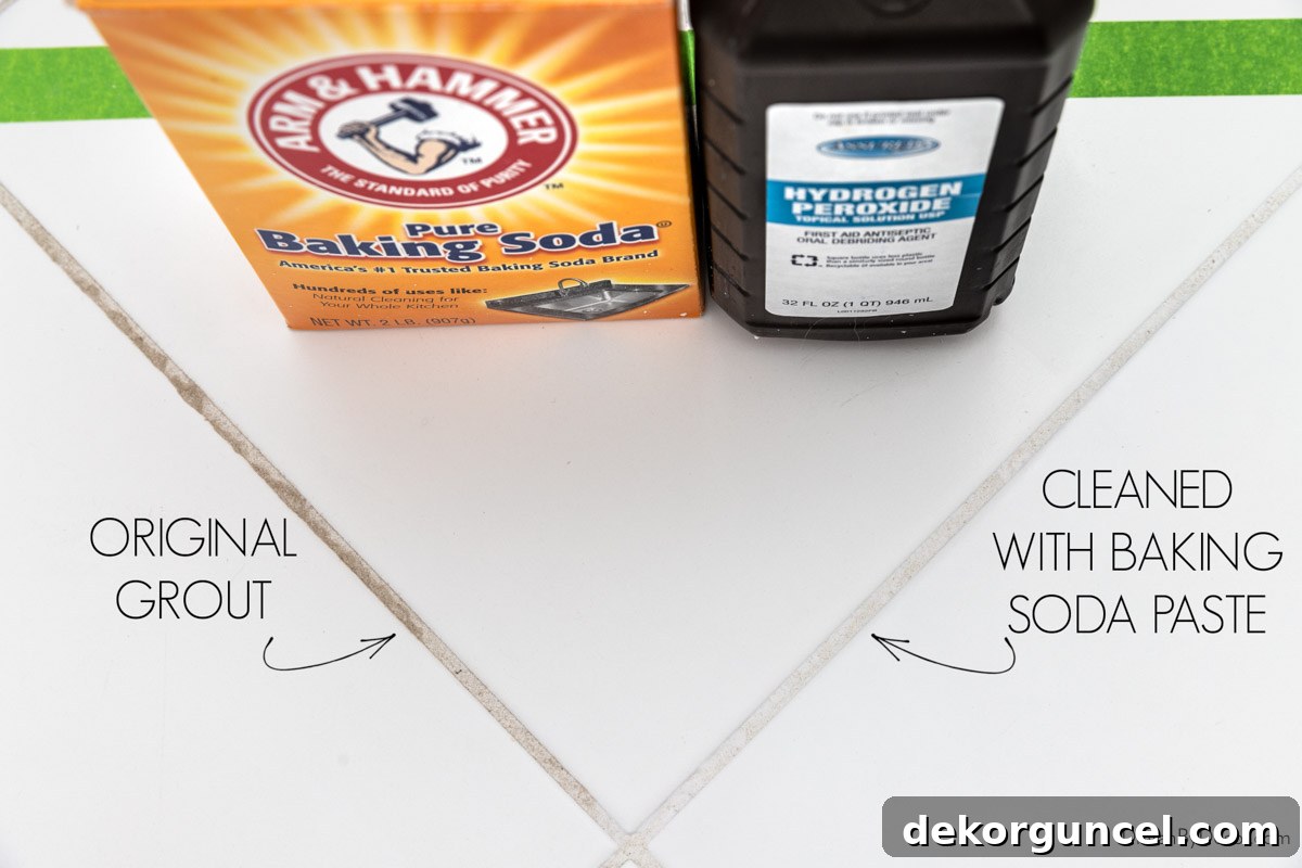 Before and after of grout cleaned with baking soda paste