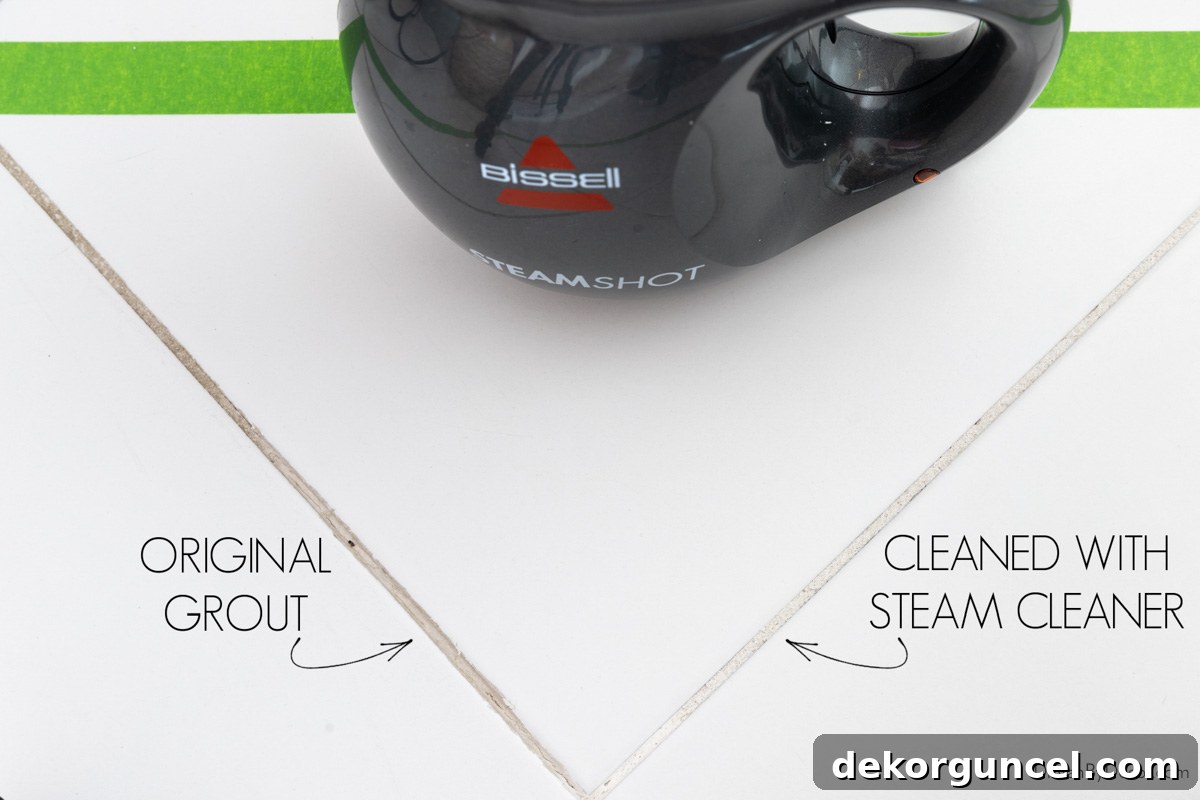 Before and after of grout cleaned with steam cleaner