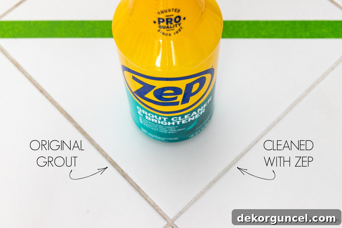 Before and after of grout cleaned with zep