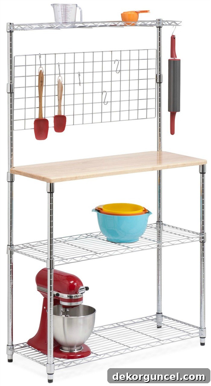 Elevate Your Home Decor with Stunning Baker's Racks 3 A simple chrome baker's rack with maple cutting board shelf
