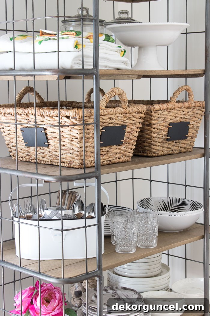 Elevate Your Home Decor with Stunning Baker's Racks 4 Ideas for using and decorating your baker's rack - lidded glass jars, chalkboard baskets, dinnerware, tablecloths, and more