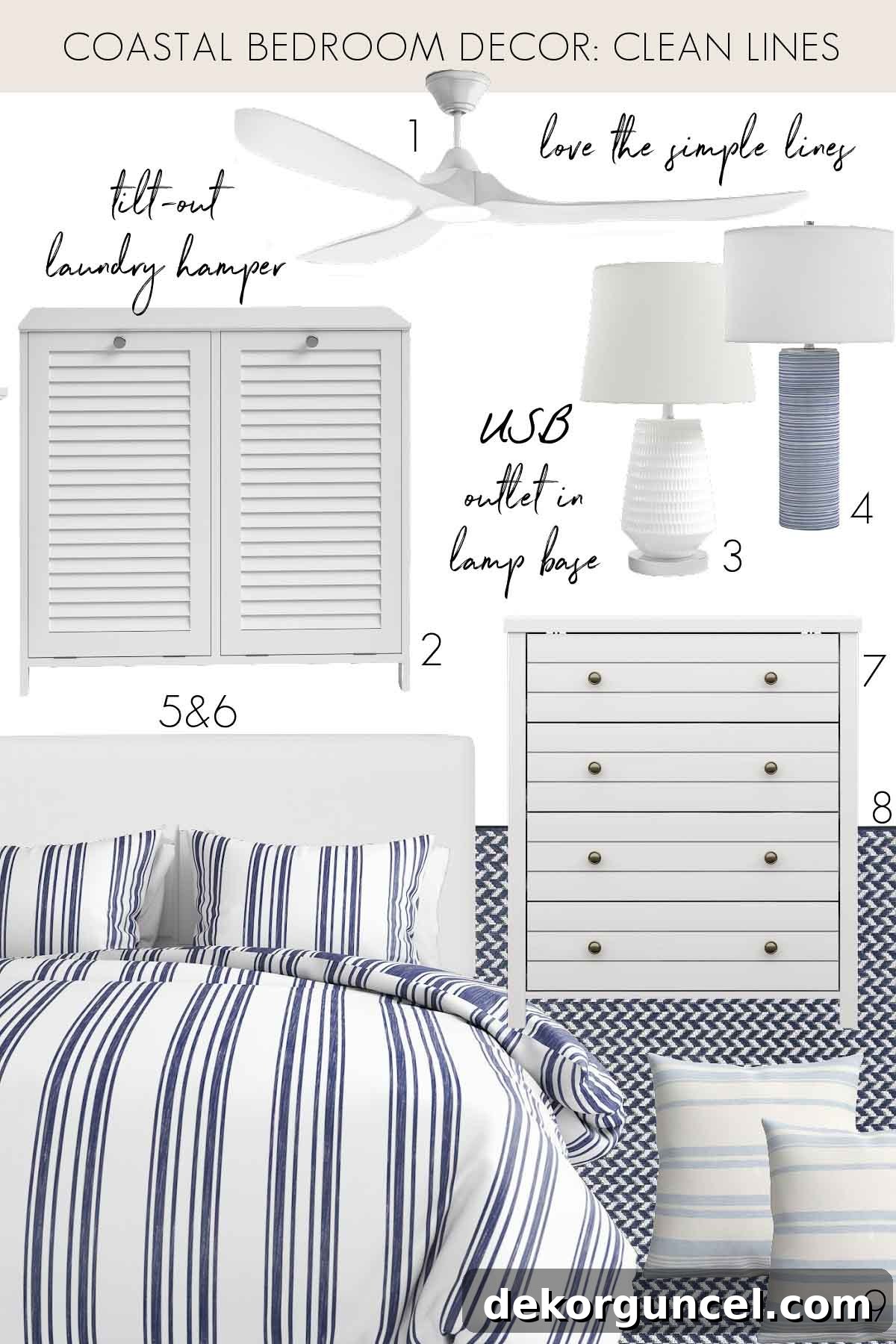 Collection of coastal bedroom furniture and decor featuring white beds, dressers, lamps, a ceiling fan, and striped rug for a clean, airy feel