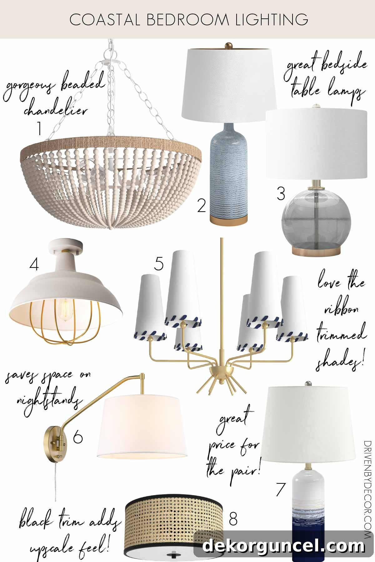 Collection of coastal bedroom lighting options including beaded chandeliers, ceramic lamps, glass globes, and cane flush mounts