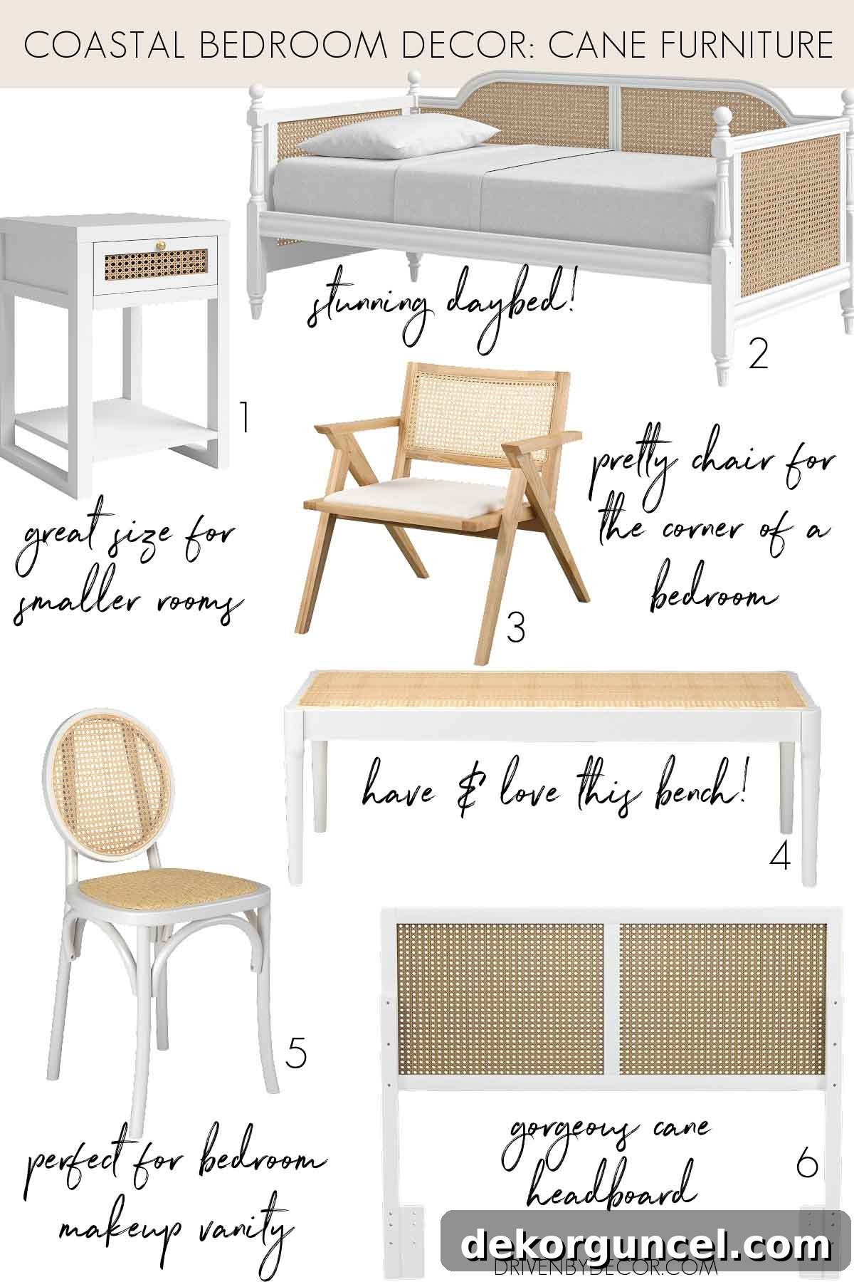 Collection of stylish cane furniture pieces from Sand & Stable, perfect for coastal bedroom decor including nightstands, daybeds, and benches