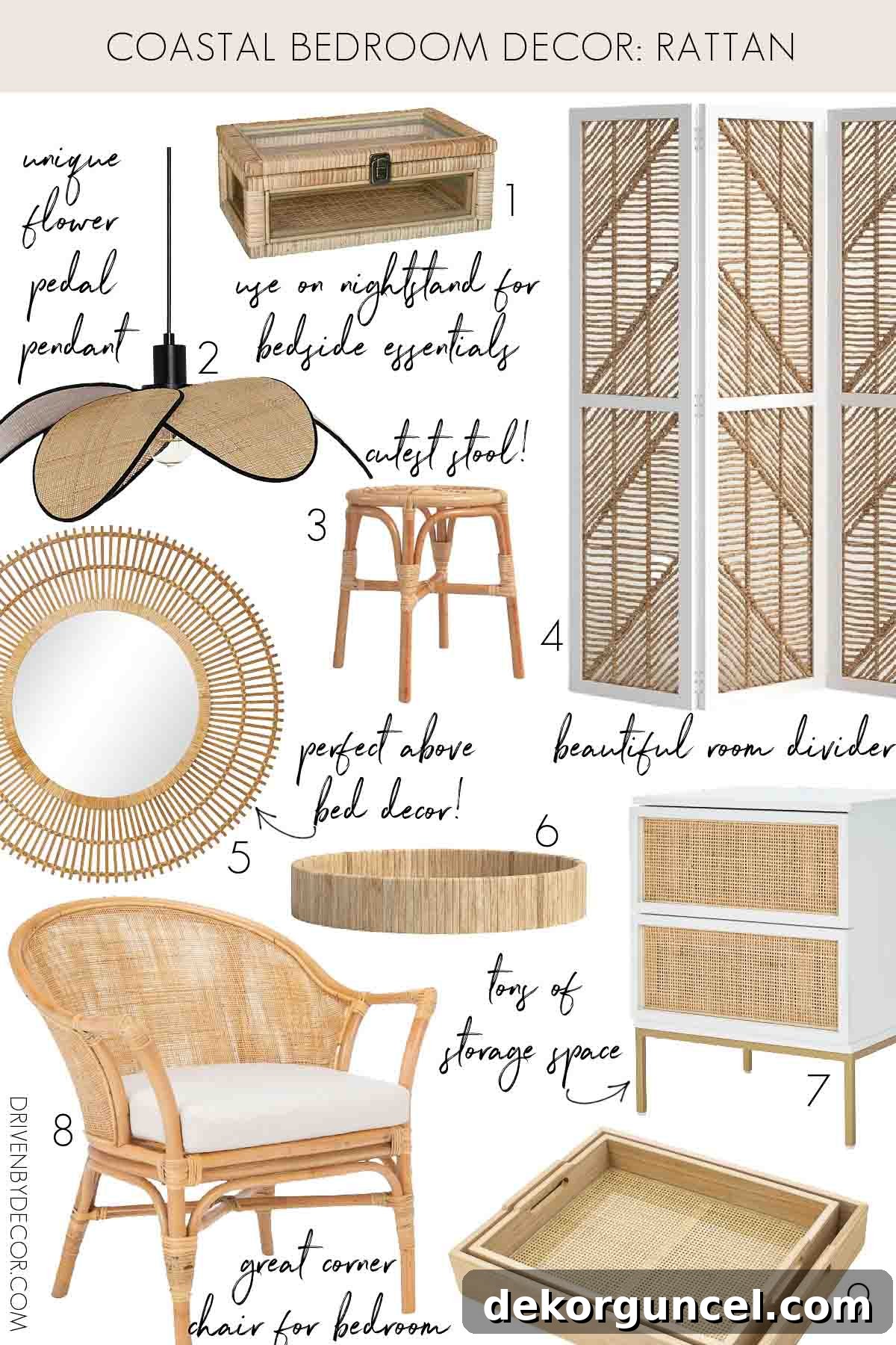 Variety of rattan furniture and accessories suitable for coastal bedroom decor, including mirrors, pendants, and accent stools