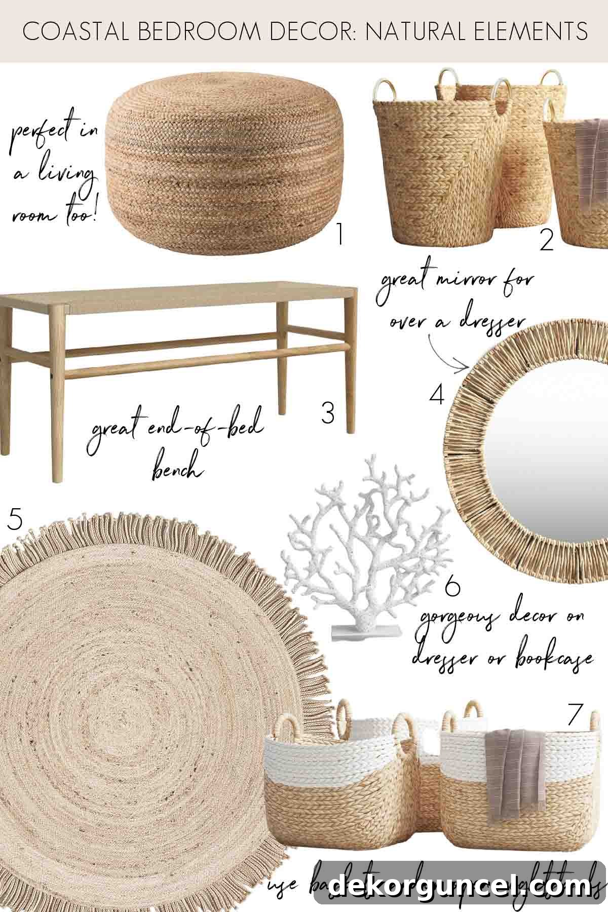 Selection of natural elements for coastal bedroom decor: jute pouf, seagrass baskets, woven bench, jute mirror, braided rug, and faux coral