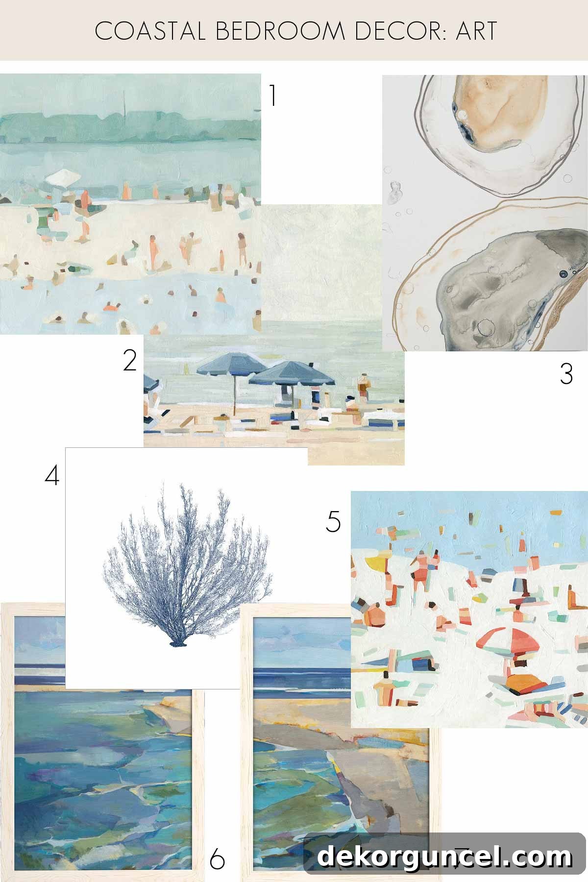 Selection of seven coastal-themed art pieces from Sand & Stable, ideal for setting the color palette in a coastal bedroom