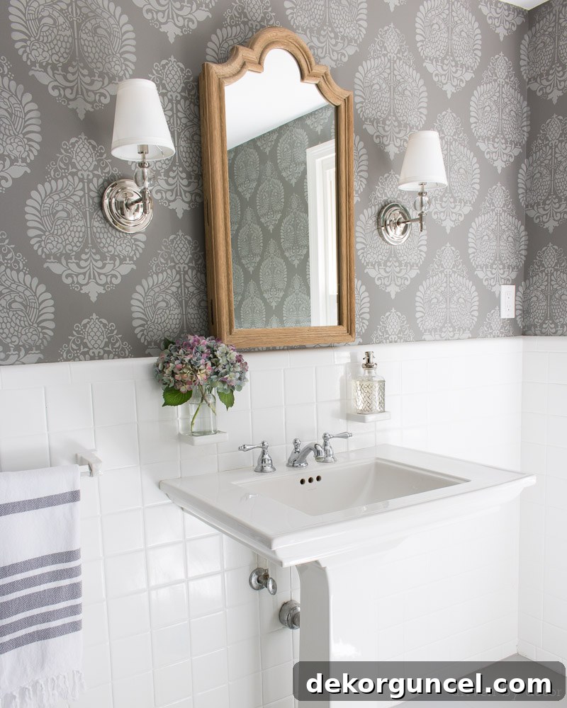Two of my favorite gray paint colors used for stenciling the walls and painting the floors - Benjamin Moore Chelsea Gray and Platinum Gray. Click through for more info on these paint colors to see if they're a good fit for your home