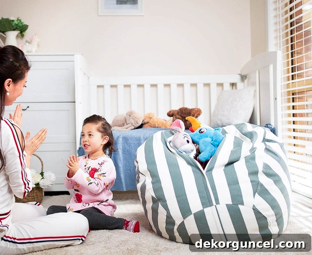 Stuffed animals cleverly placed inside a bean bag cover for simple, functional bedroom storage