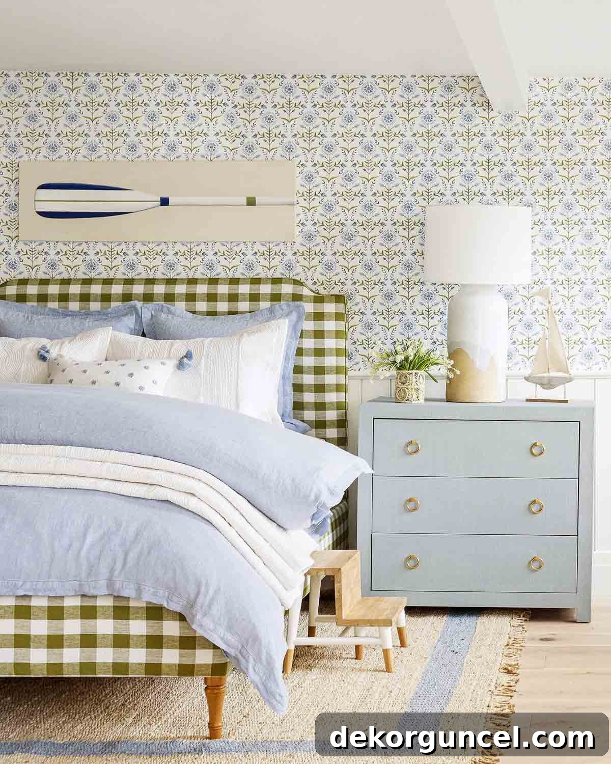 Elegant bedroom featuring a chest used as a stylish and functional nightstand