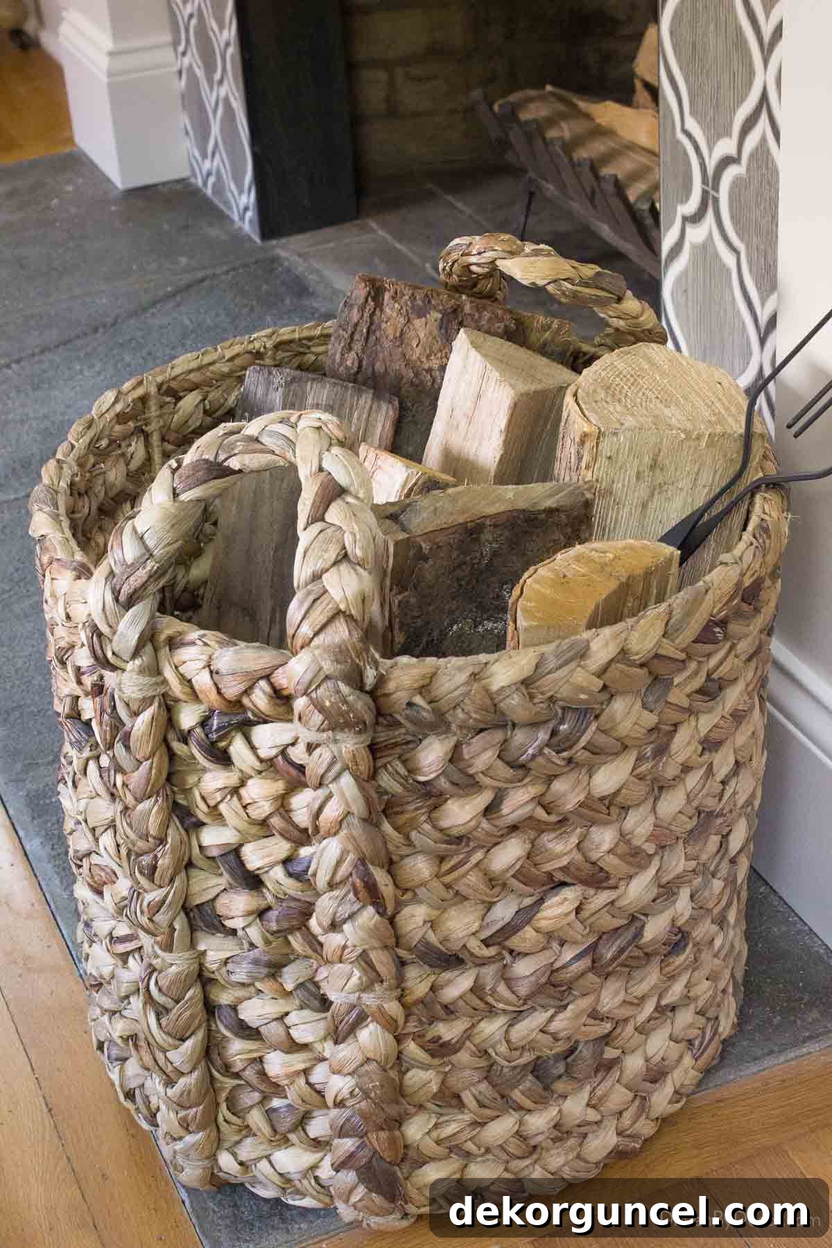 Transform Your Hearth: Essential Fireplace Decor 7 Woven basket with firewood
