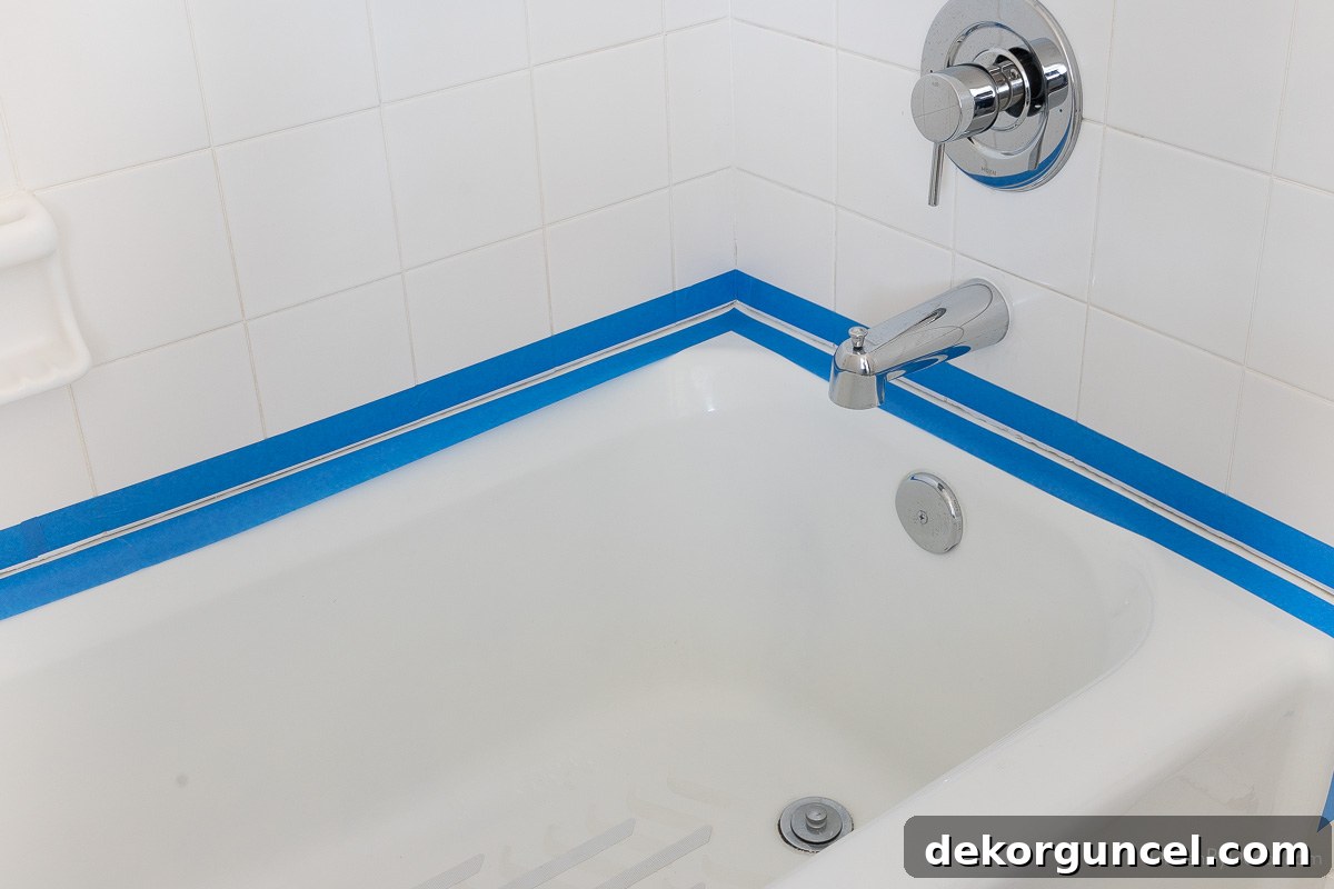 Bathtub with painter's tape meticulously applied around the joint in preparation for caulking