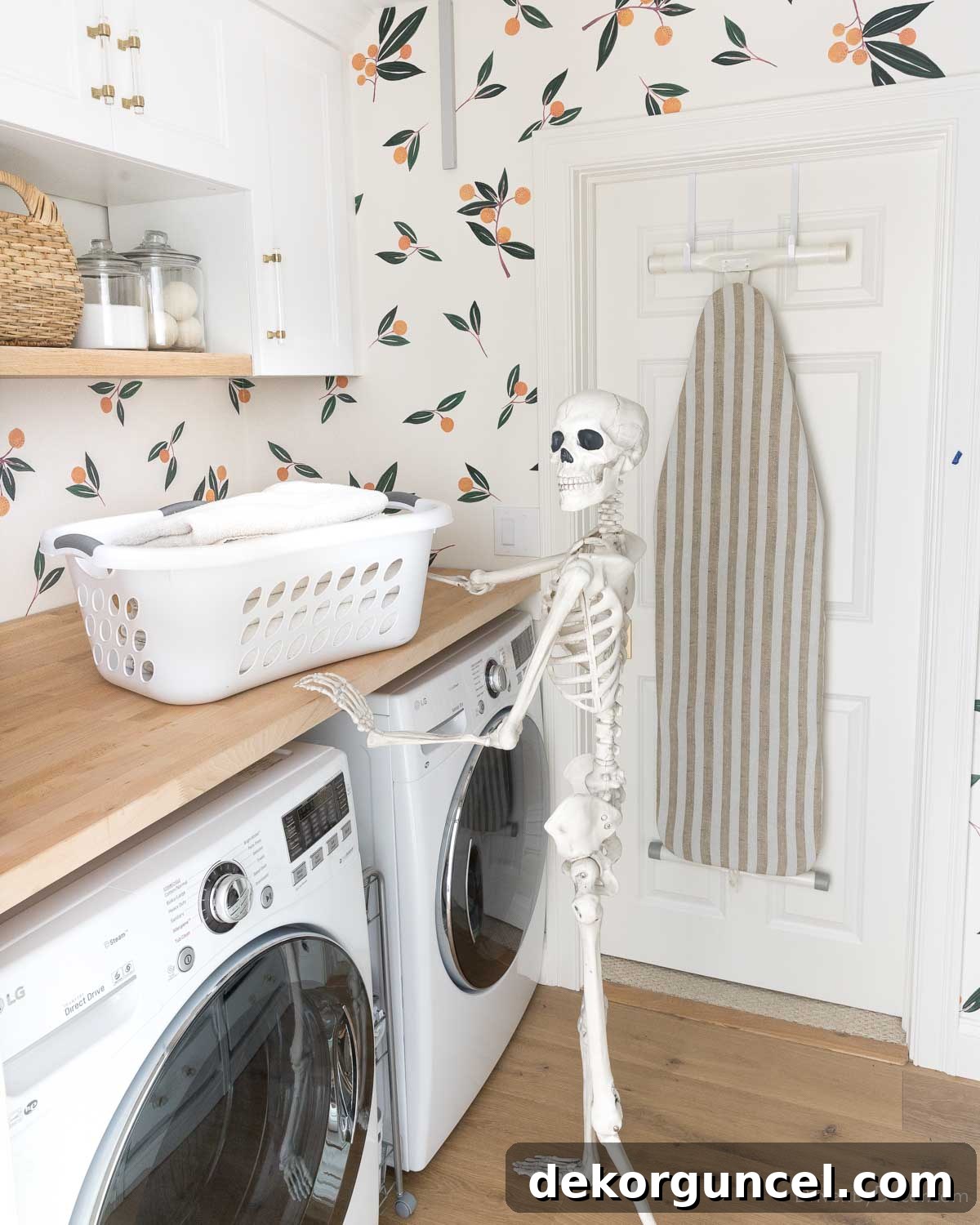 Simple, Spooky, and Fun Halloween Porch Decor Ideas 2 Posable skeleton in laundry room for Halloween