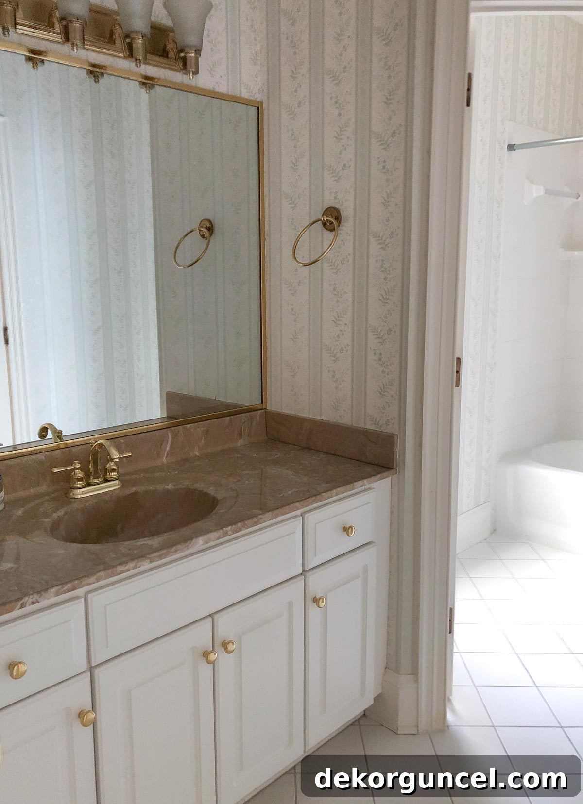Elevate Your Home Style Top Wallpaper Bathroom Tips and 15 Way Day Essentials 2 Our girls' bathroom (vanity, large mirror, & vanity light) before remodeling