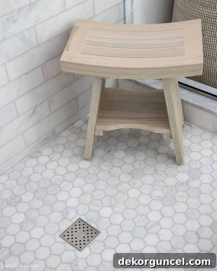 Elevate Your Home Style Top Wallpaper Bathroom Tips and 15 Way Day Essentials 27 The driftwood teak bench in our shower - love!