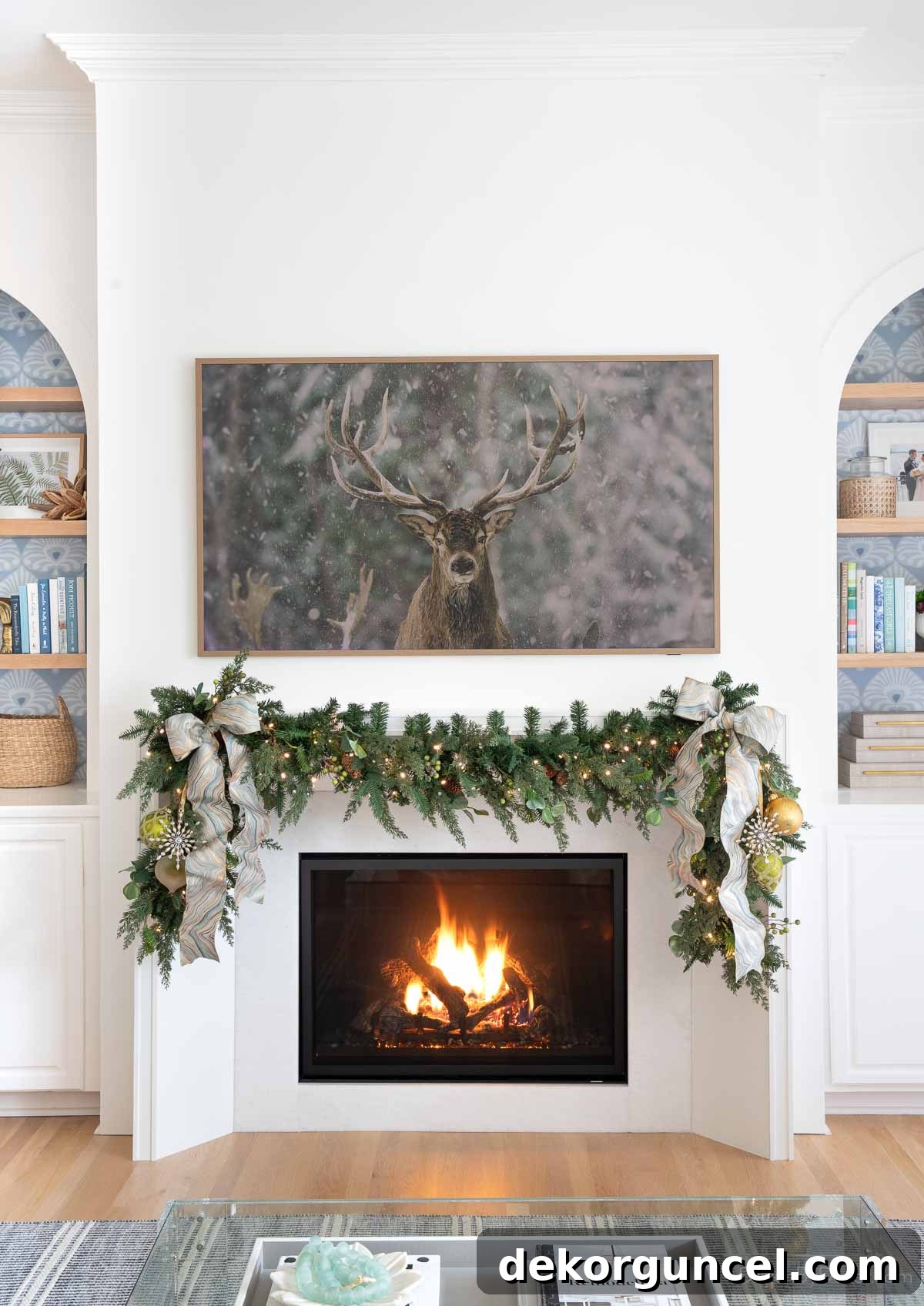 Holiday garland on fireplace mantel