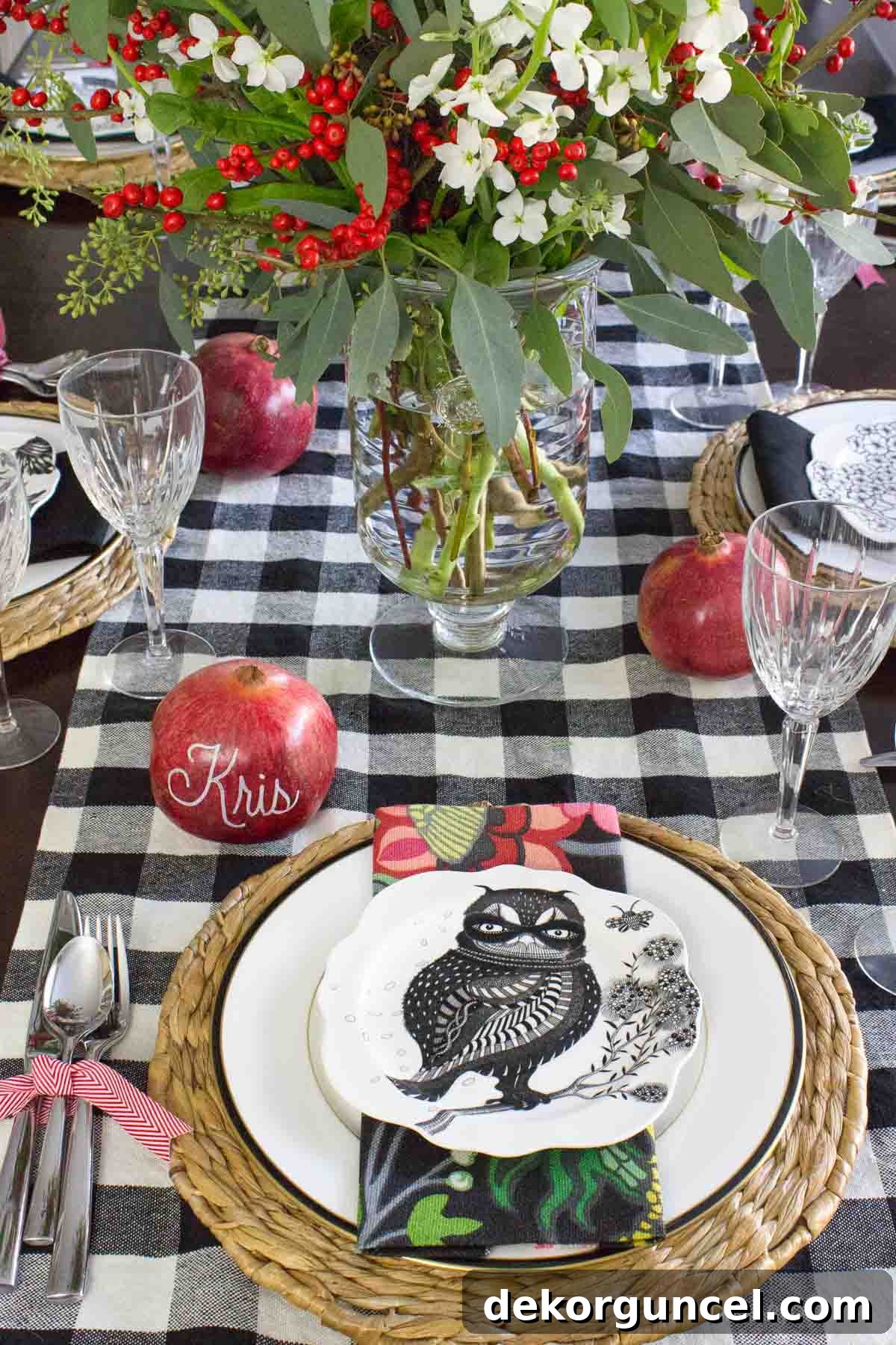 Pomegranate used as placecard for Christmas table decor