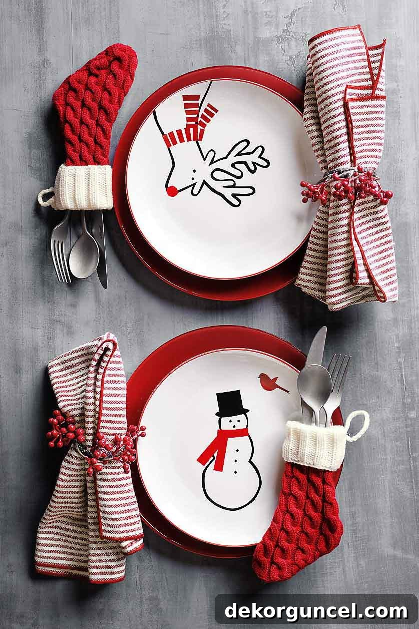Silverware placed in a mini stocking as Christmas table decor