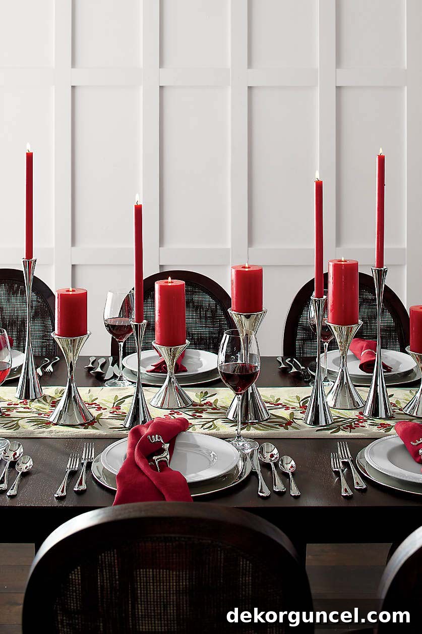 Candlesticks of varying heights along center of Christmas table