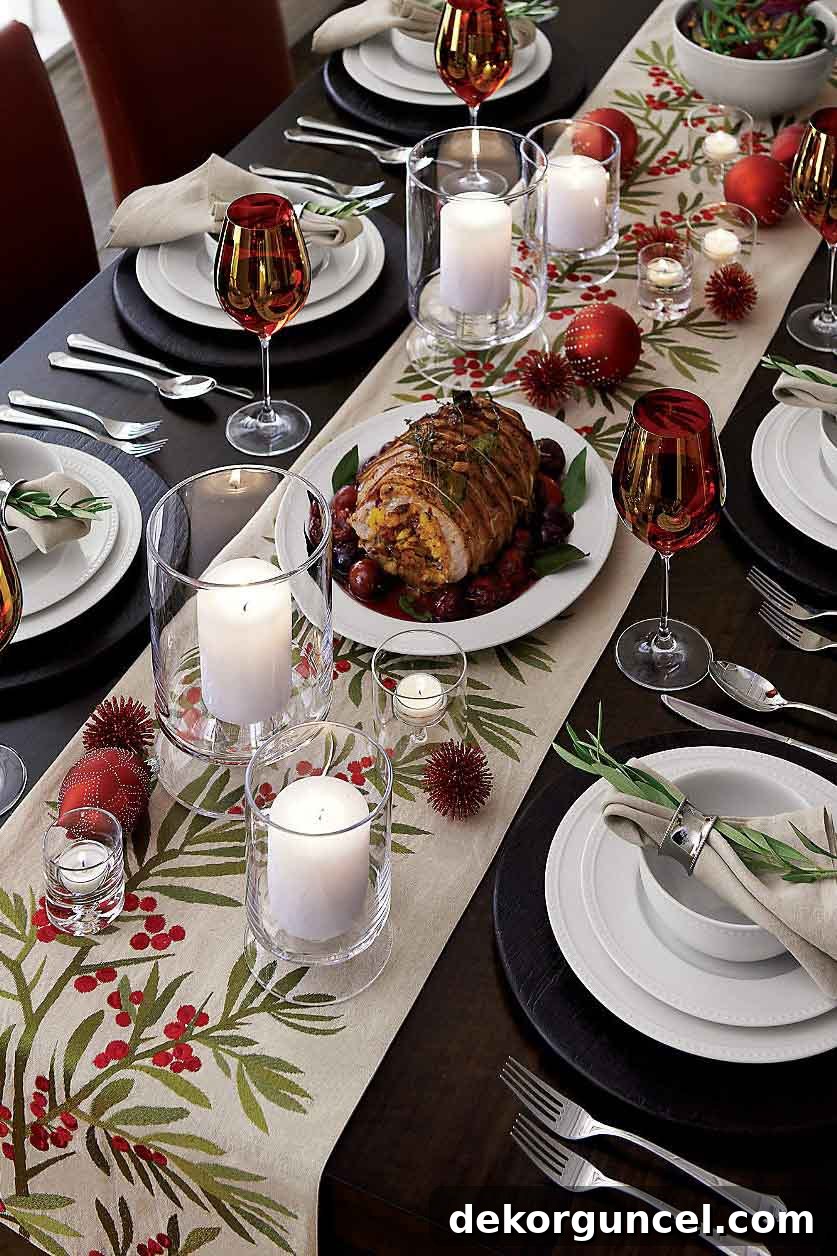 Christmas table with pillar candles and votives interspersed down the length of the table