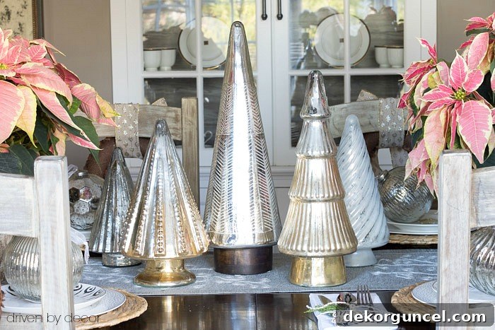 Christmas home tour - dining room centerpiece of silver trees from HomeGoods