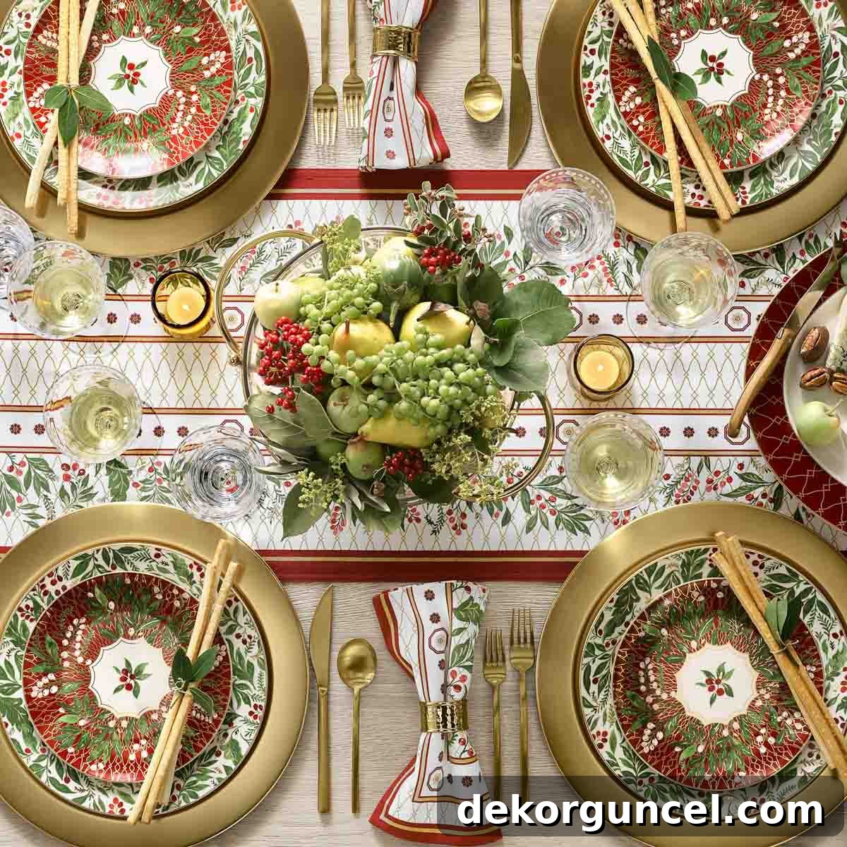 A Christmas table with fruit centerpiece