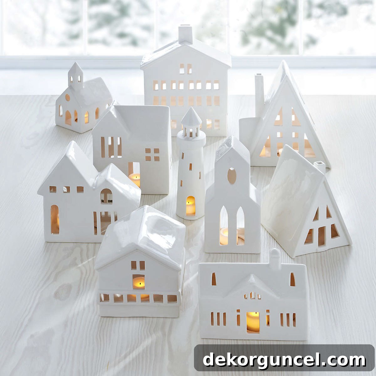 White ceramic houses lit with tea lights