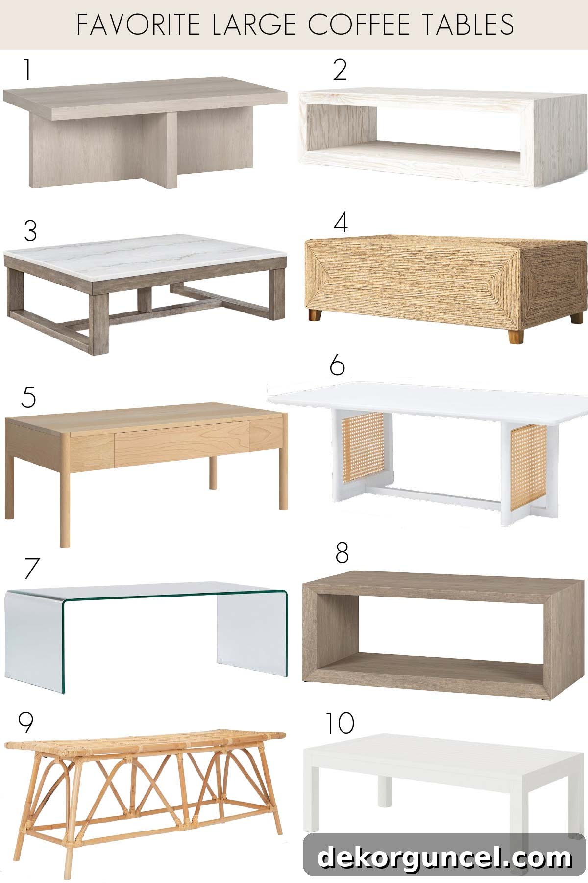 Collection of large rectangular coffee tables, showcasing diverse styles for modern living spaces